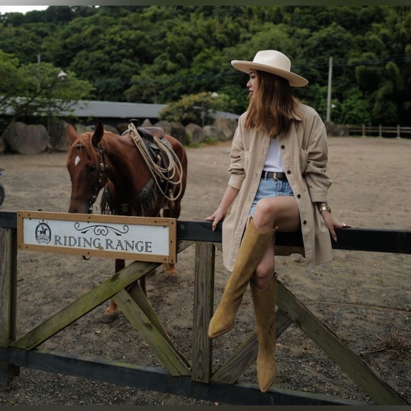 Grace Gift X Samantha Lin Leather V-Cut Western Block Heel Long Boots Beige 23.5 - Picture 11 of 16